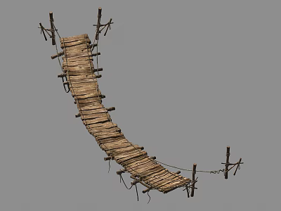Rustic Traditional Wooden Bridge With Planks Rope Support And Structure Design 3d model