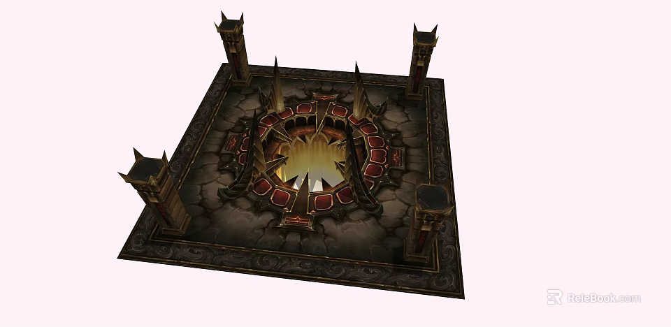 Mystical Ritual Platform With Flaming Center And Spiked Pillars On Cracked Ground 3d model 