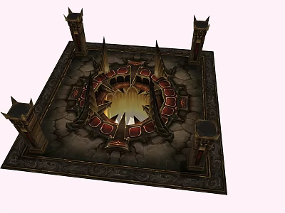Mystical Ritual Platform With Flaming Center And Spiked Pillars On Cracked Ground 3d model