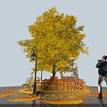Vibrant Yellow Tree With Fallen Leaves Bench And Street Lamps Photo Check in Spot