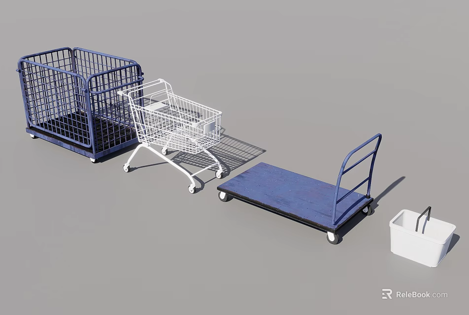 Industrial Equipment Including Blue Metal Cage White Shopping Cart Platform Cart And Basket 3d model 