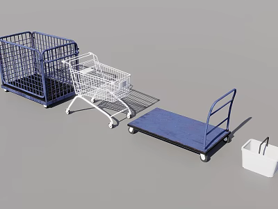 Industrial Equipment Including Blue Metal Cage White Shopping Cart Platform Cart And Basket 3d model