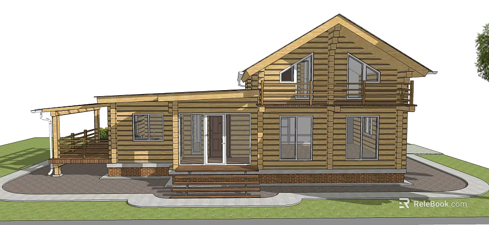 Two Story Wooden House Exterior With Large Windows Front Porch And Brick Foundation 3d model 
