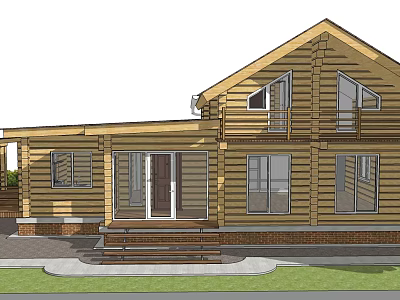 Two Story Wooden House Exterior With Large Windows Front Porch And Brick Foundation 3d model