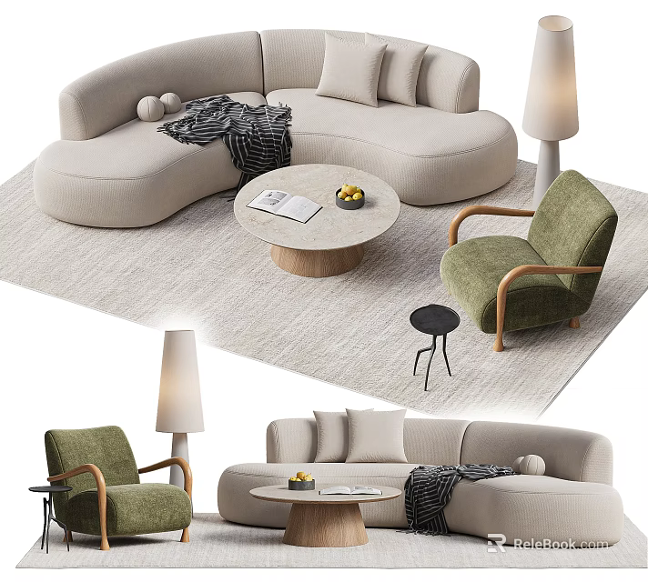Beige Curved Sofa Coffee Table Set With Green Armchair Floor Lamp And Soft Rug 3d model 