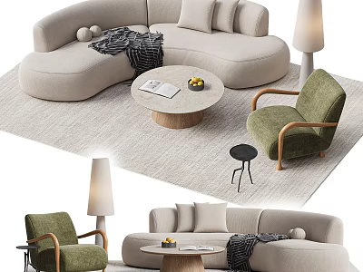 Beige Curved Sofa Coffee Table Set With Green Armchair Floor Lamp And Soft Rug 3d model