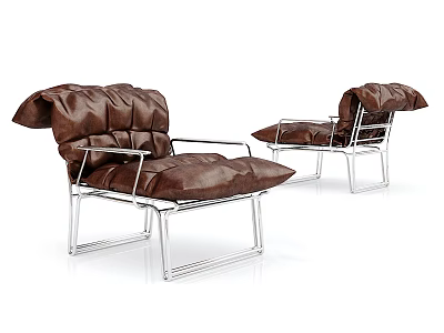 Modern Brown Leather Accent Chairs with Tufted Design and Metal Frame 3d model