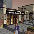 Modern Commercial Street With Shops Pedestrians Stone Pavement And Flower Beds