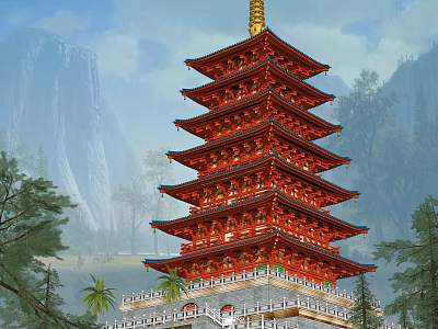 Red Multi Tiered Ancient Pagoda Architecture Surrounded by Mountain and Trees 3d model