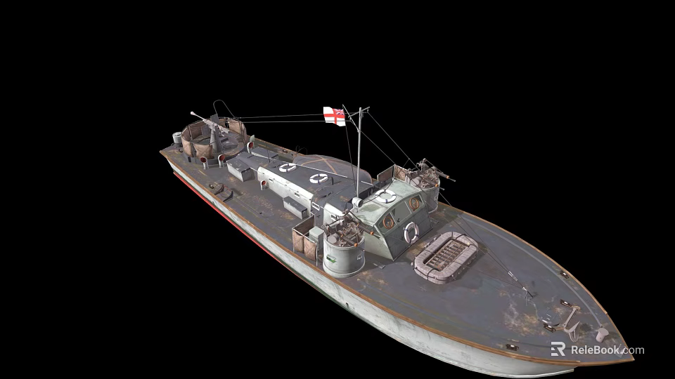 Military Warship With Naval Guns Flag Gray Hull And Deck Structure 3d model