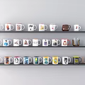 Colorful Cups With Various Decorative Patterns Displayed On Multiple Black Shelves 3d model
