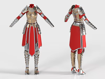 Red And Gold Medieval Armor With Metallic Silver Accents And Long Skirt 3d model