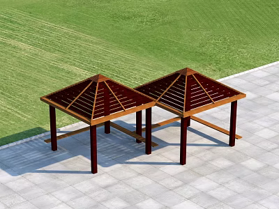 Two Wooden Pergolas with Pyramid Roof Structure on Stone Pavement and Green Grass 3d model