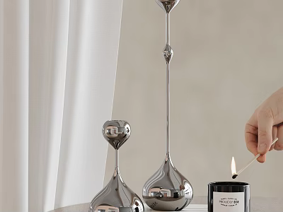 Sleek Silver Metal Candle Holders With Match Lighting Candle For Home Decor 3d model