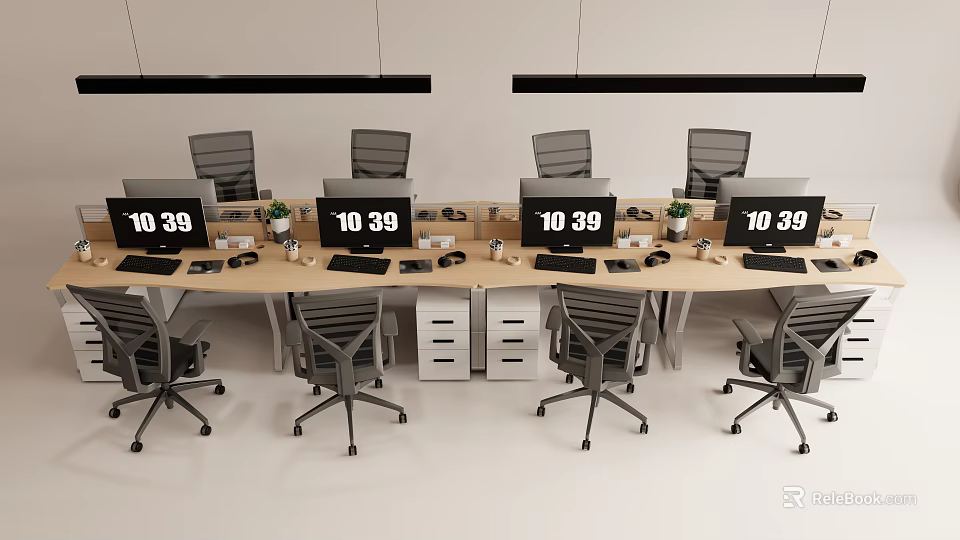 Modern Office Desks Workstation With Digital Clocks Computer Monitors And Office Chairs 3d model 