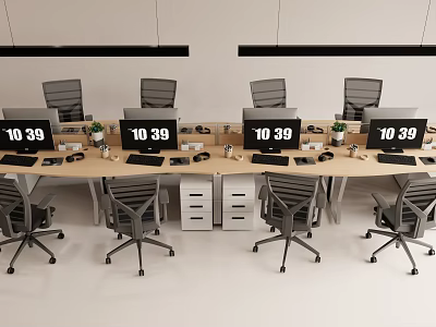 Modern Office Desks Workstation With Digital Clocks Computer Monitors And Office Chairs 3d model