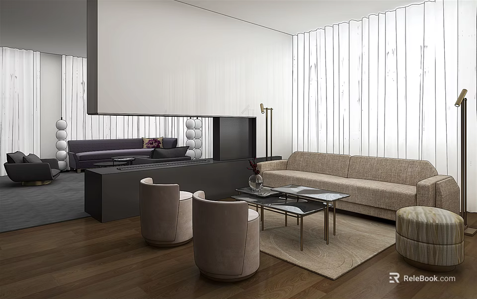 Modern Living Room Sofa Coffee Table Set With Beige Upholstery Glass Top And Accent Chairs 3d model 