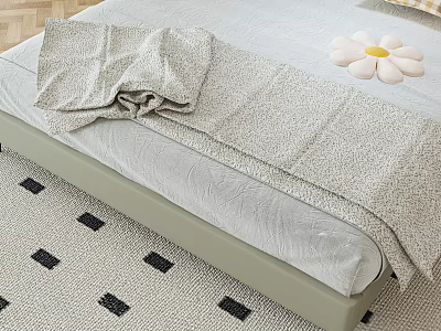 Cozy Bedroom Bed With Blanket Flower And Patterned Rug 3d model