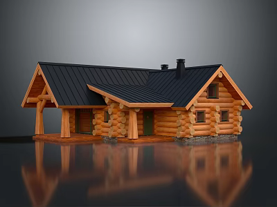 Log Cabin With Log Structure Black Roof Chimney Windows And Wooden Door 3d model