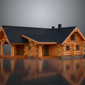 Log Cabin With Log Structure Black Roof Chimney Windows And Wooden Door