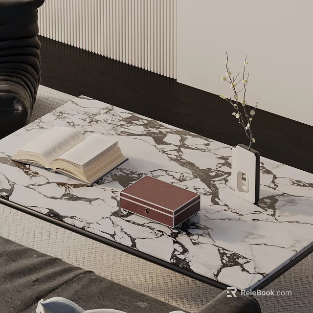 Modern Sofa And Coffee Table Set With Marble Patterned Top Open Book Decorative Box And Vase 3d model
