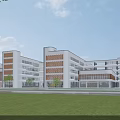 Modern School Building Exterior With White Brown Facade Large Glass Windows And Green Lawn