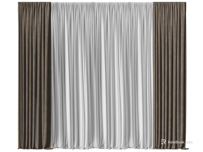 Dark Brown Velvet And White Sheer Floor Length Curtains For Modern Interior Design 3d model 
