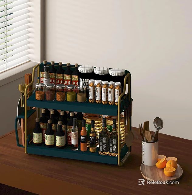 Spice Bottles Organized in Multi Tiered Rack on Kitchen Countertop with Cooking Tools 3d model 