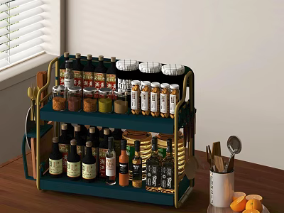 Spice Bottles Organized in Multi Tiered Rack on Kitchen Countertop with Cooking Tools 3d model