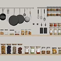 Glass Spice Jars Stored On Organized Kitchen Shelves With Hanging Utensils