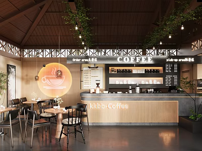 Urban Coffee Shop Interior With Wooden Roof Green Plants Hanging Lights And Counter 3d model