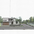 Modern Detached Villa Exterior Featuring Large Windows Trees Parked Cars and Sunset Sky