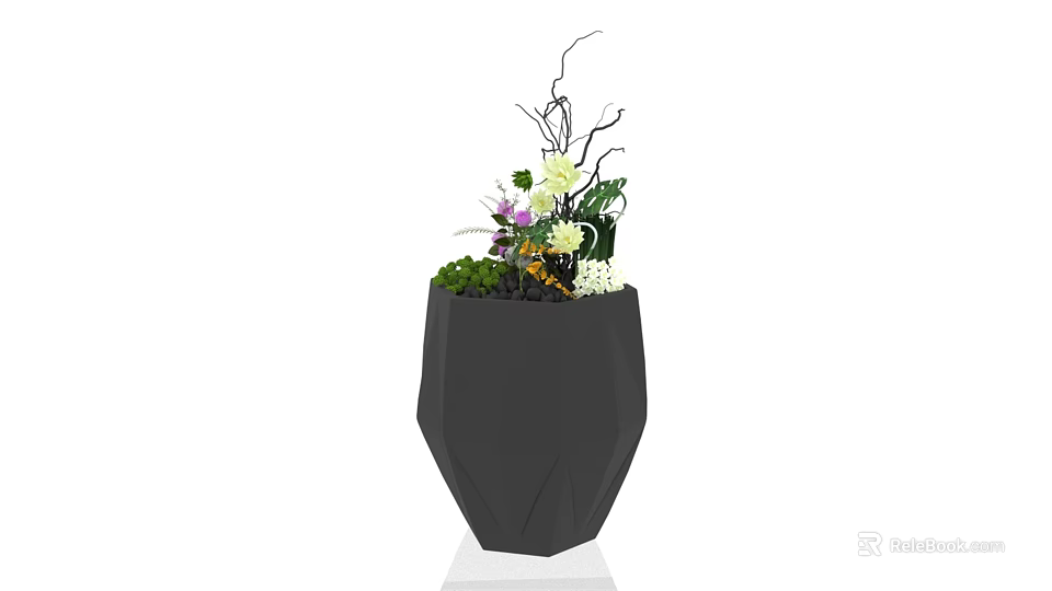 Stylish Garden Decor Black Polyhedral Planter With Green Plants Colorful Flowers And Twigs 3d model 