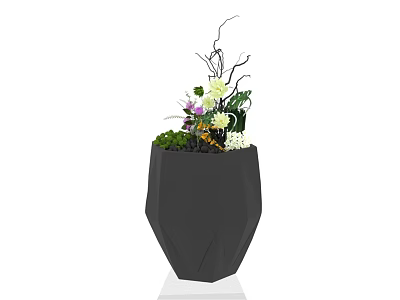 Stylish Garden Decor Black Polyhedral Planter With Green Plants Colorful Flowers And Twigs 3d model