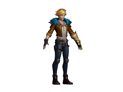 Blonde Haired Character In Brown Coat With Blue Fur Trim And Playful Wolf Creature 3d model