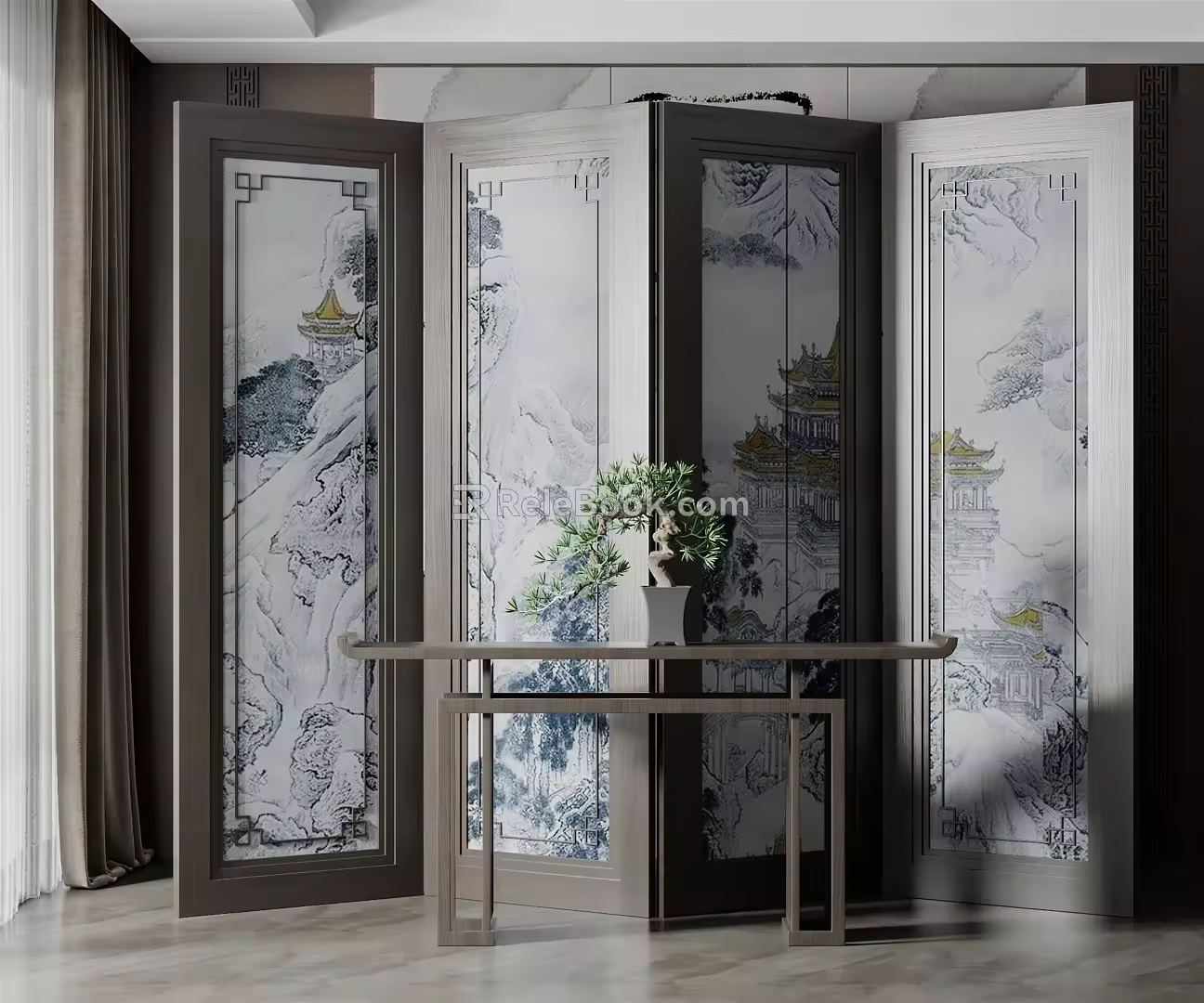 New Chinese Style Screen Landscape Painting Screen Partition 3d model