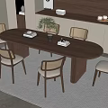 Elegant Modern Wooden Dining Table Set With Four Upholstered Chairs Striped Rug And Potted Plant