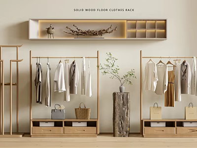 Solid Wood Floor Clothes Rack With Hanging Clothes Storage Shelves And Decorative Plants 3d model