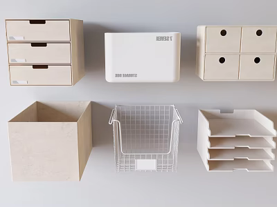 Storage Baskets In Various Materials Like Paper Drawer And Metal Wire For Home Organization 3d model