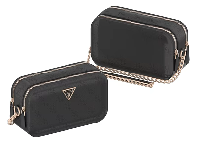 Two Stylish Black Compact Bags with Gold Chain and Triangle Logo Design 3d model