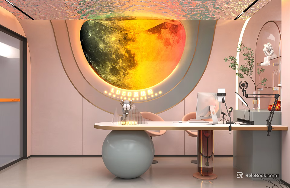 Modern Public Office Space With Moon Shaped Wall Art Round Desk And Green Plants 3d model 