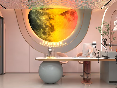 Modern Public Office Space With Moon Shaped Wall Art Round Desk And Green Plants 3d model