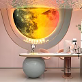 Modern Public Office Space With Moon Shaped Wall Art Round Desk And Green Plants
