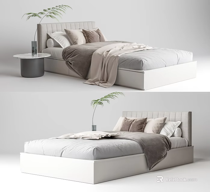 Modern Double Bed With Upholstered Headboard Pillows Throw Blanket And Side Table Plant 3d model 