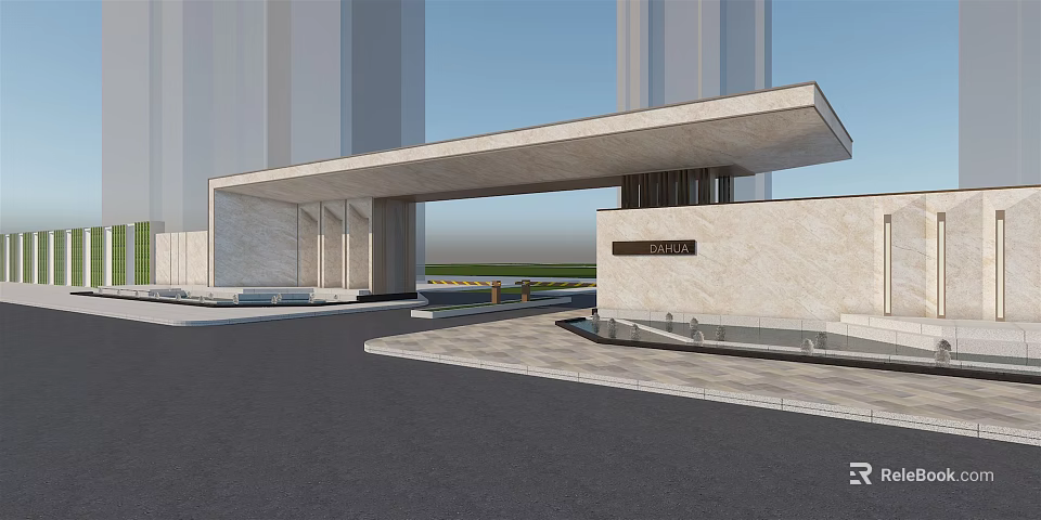 Modern Stone Entrance Gate With Overhanging Roof And Grande Signage In Spacious Plaza 3d model 