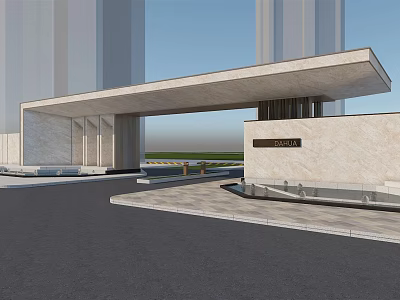 Modern Stone Entrance Gate With Overhanging Roof And Grande Signage In Spacious Plaza 3d model