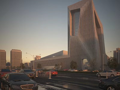 Modern Geometric Office Building with Glass Curtain Wall Urban Road and Cars at Dusk 3d model