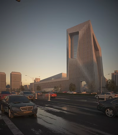 Modern Geometric Office Building with Glass Curtain Wall Urban Road and Cars at Dusk 3d model