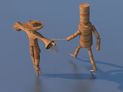 Two Decorative Straw Scarecrow Figurines Holding Hands For Home Decoration 3d model
