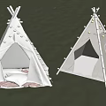 White Tepee Tents On Green Grass Field With Decorative Tassels Yellow Cushion And Window